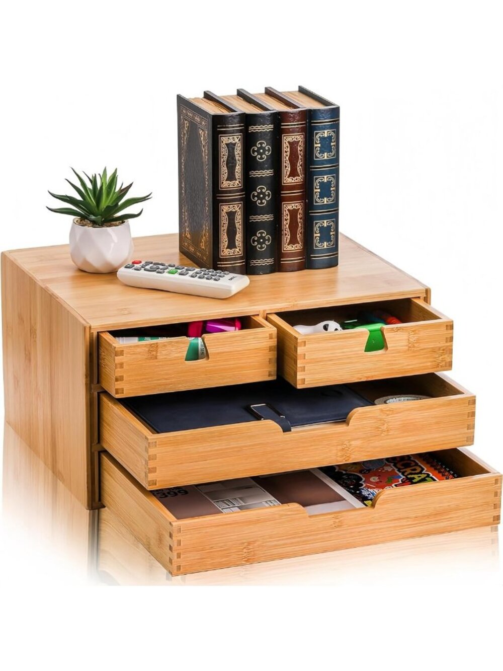 Natural Bamboo Desk Organizer with 4 Drawers for Makeup & Office Supplies